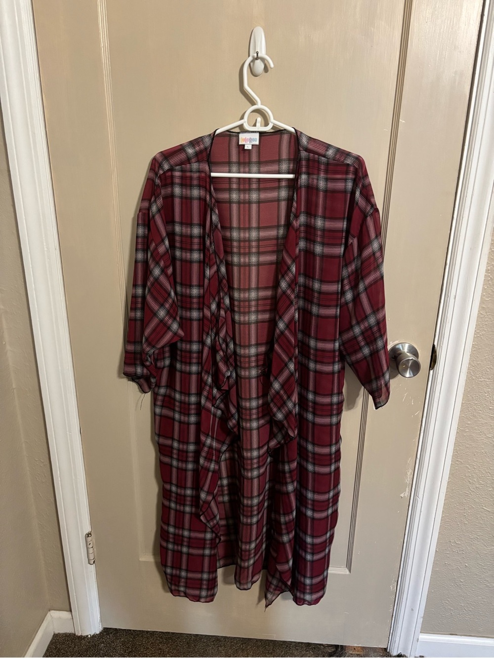 LuLaRoe Burgundy Plaid Open-Front Kimono Robe